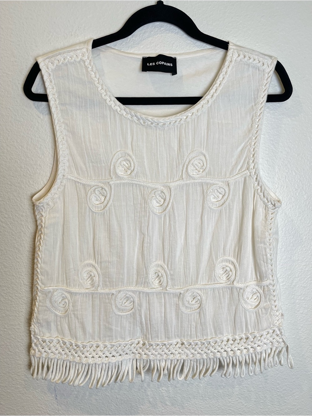 Les Copains Ivory Embroidered Fringe Sleeveless Top Size IT/EUR Large Boho Beach